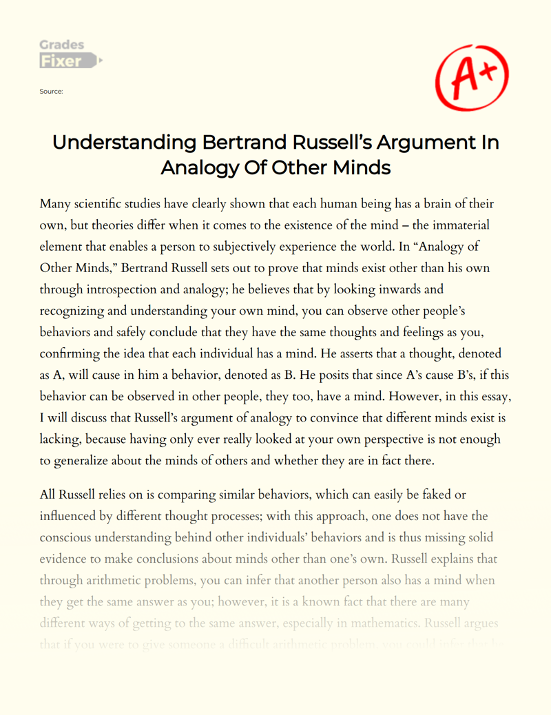 Understanding Bertrand Russell’s Argument in Analogy of Other Minds Essay