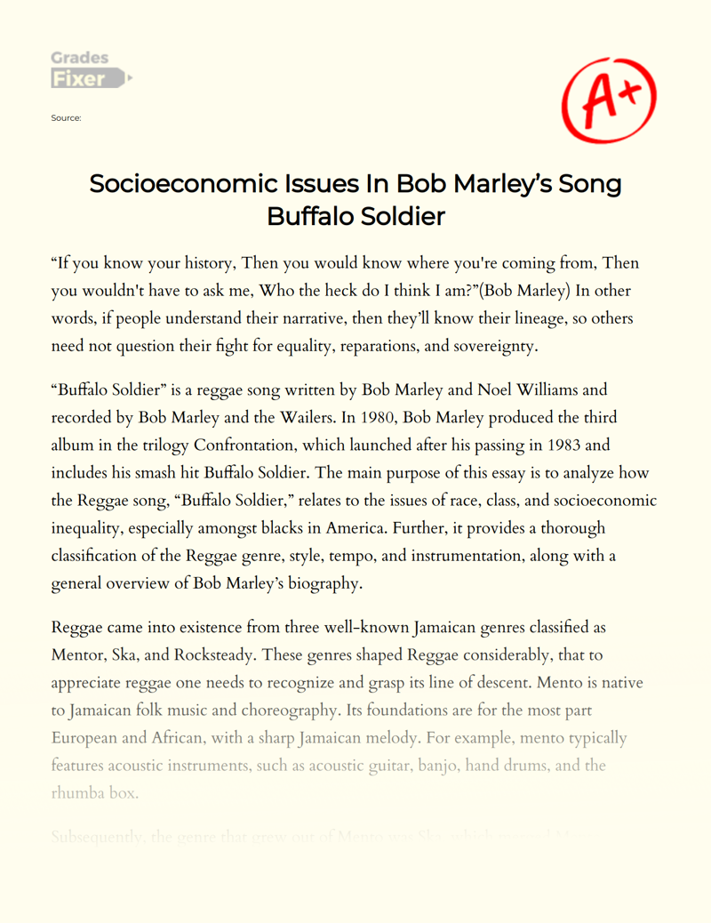 Socioeconomic Issues in Bob Marley’s Song Buffalo Soldier Essay