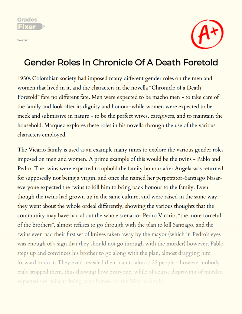 Gender Roles in Chronicle of a Death Foretold Essay