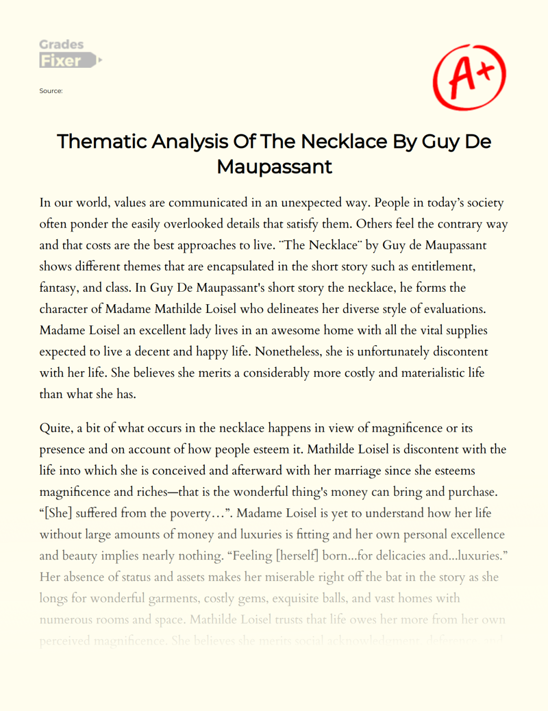 Thematic Analysis of The Necklace by Guy De Maupassant Essay