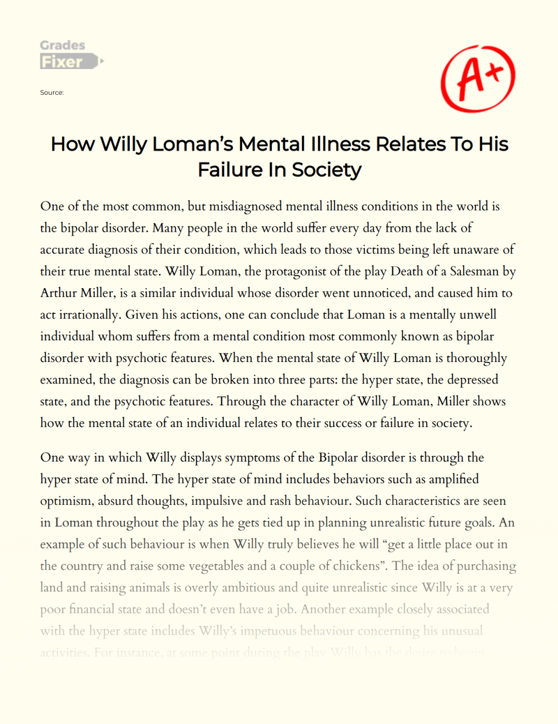 How Willy Loman’s Mental Illness Relates to His Failure in Society Essay