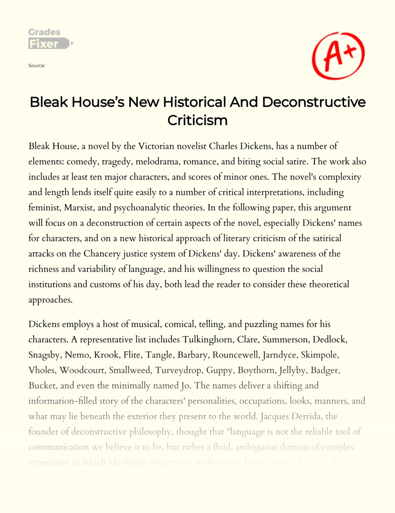 Bleak House’s New Historical and Deconstructive Criticism Essay