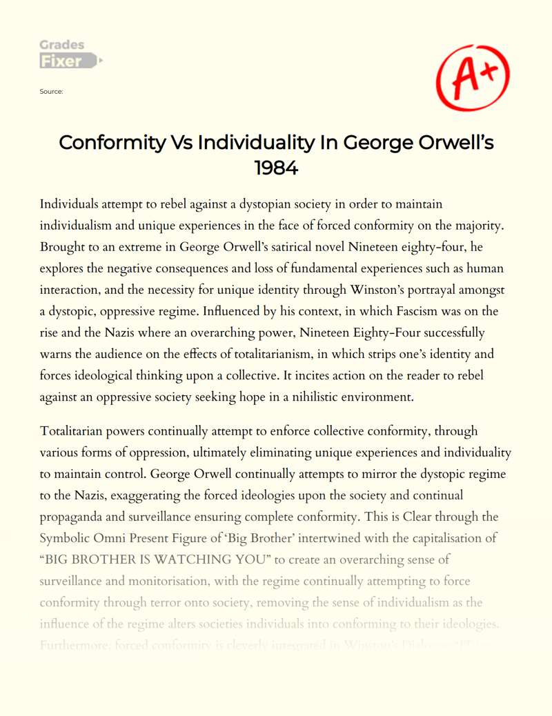 Conformity Vs Individuality in George Orwell’s 1984 Essay