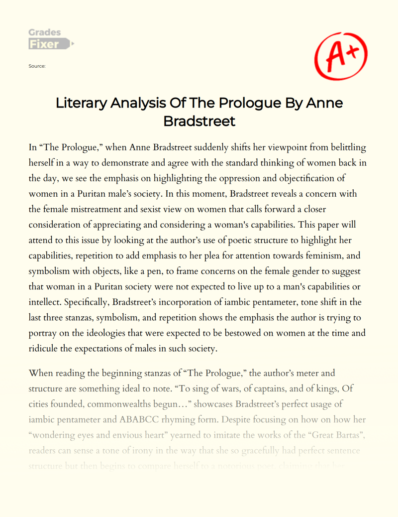 Literary Analysis of The Prologue by Anne Bradstreet Essay
