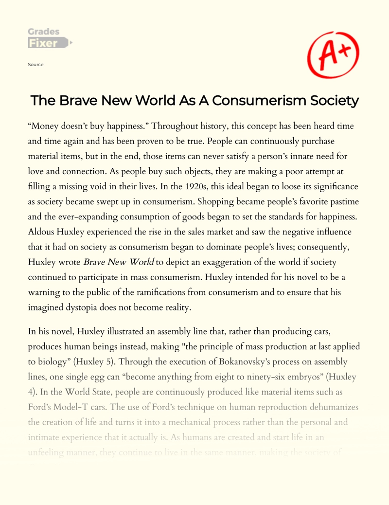 The Brave New World as a Consumerism Society essay