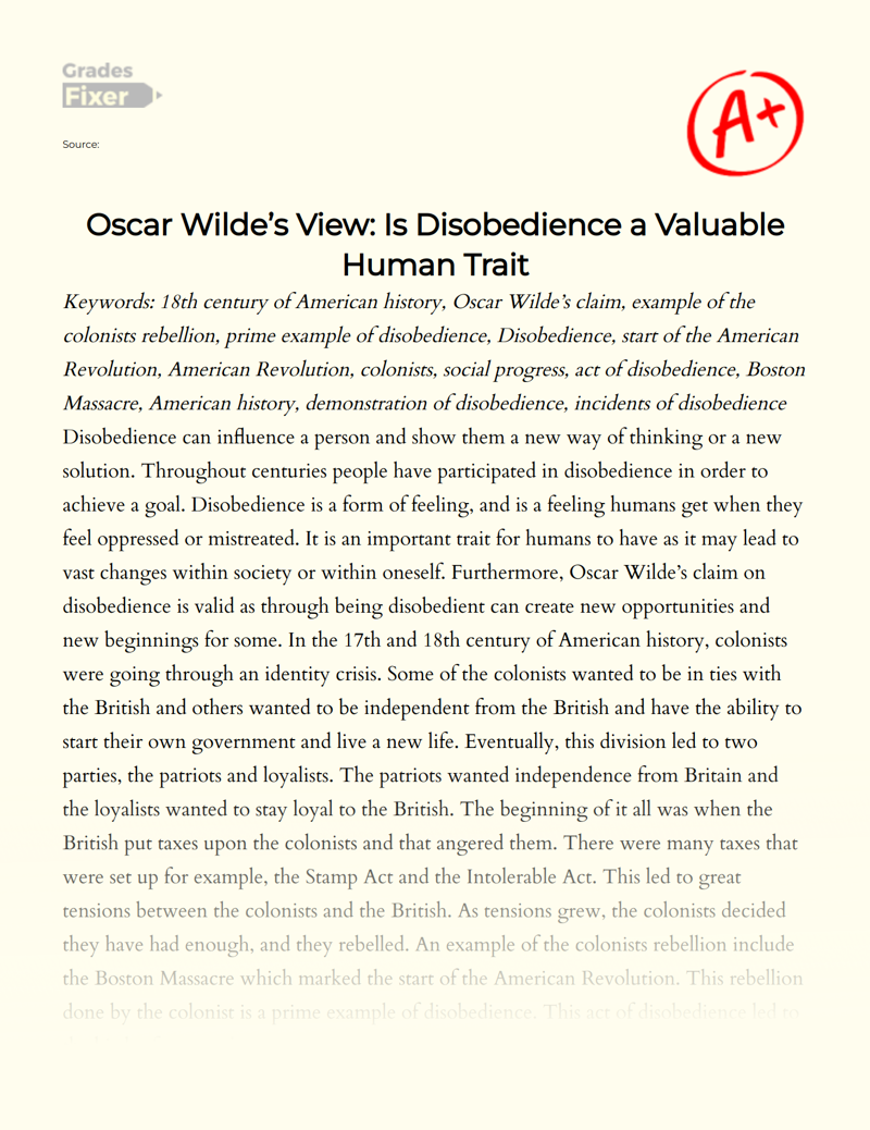 Oscar Wilde's Views on Disobedience as a Valuable Human Trait Essay