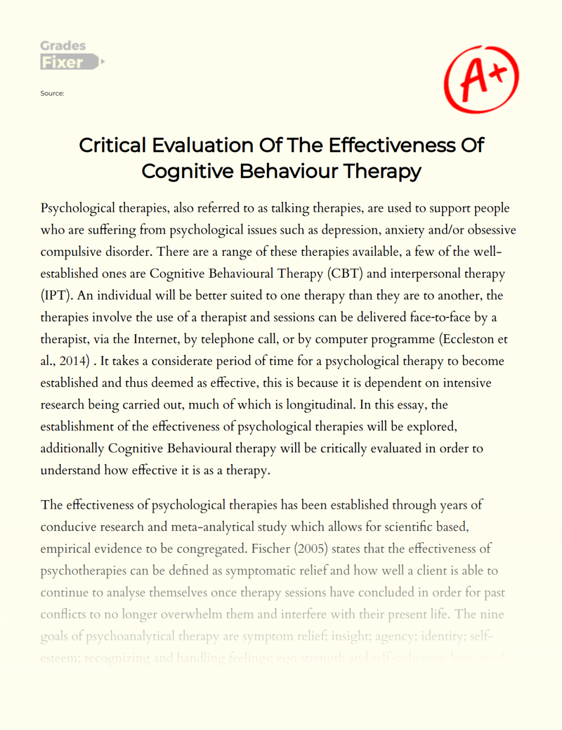 Critical Evaluation of The Effectiveness of Cognitive Behaviour Therapy Essay