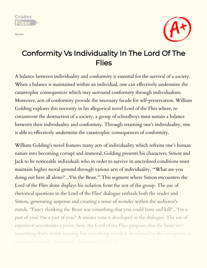 Conformity Vs Individuality in The Lord of The Flies Essay