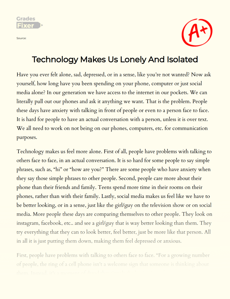 How Technology Makes Us Lonely and Isolated Essay