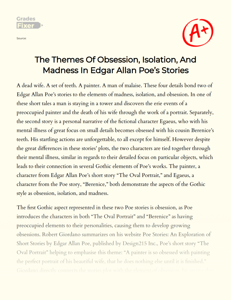 The Themes of Obsession, Isolation, and Madness in Edgar Allan Poe’s Stories Essay