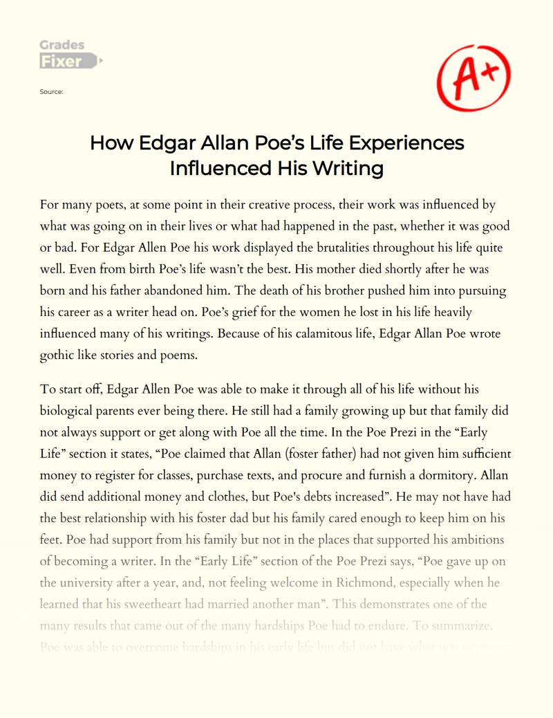 How Edgar Allan Poe’s Life Experiences Influenced His Writing Essay