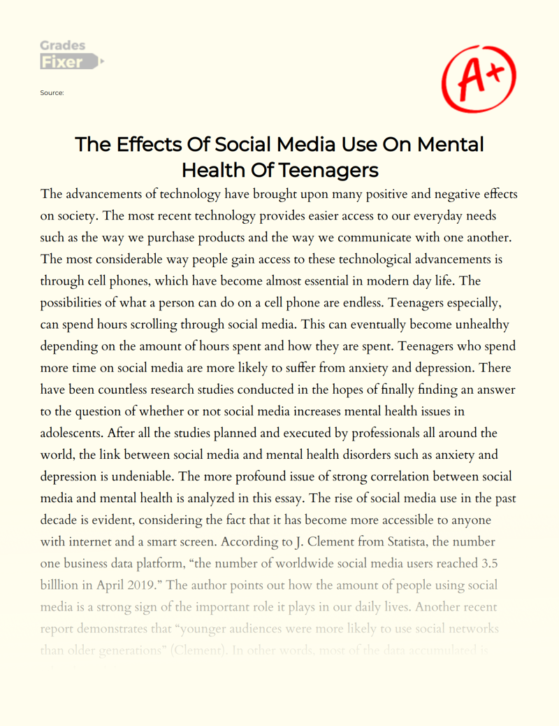 A Research on How Social Media Affects Mental Health of Adolescents Essay