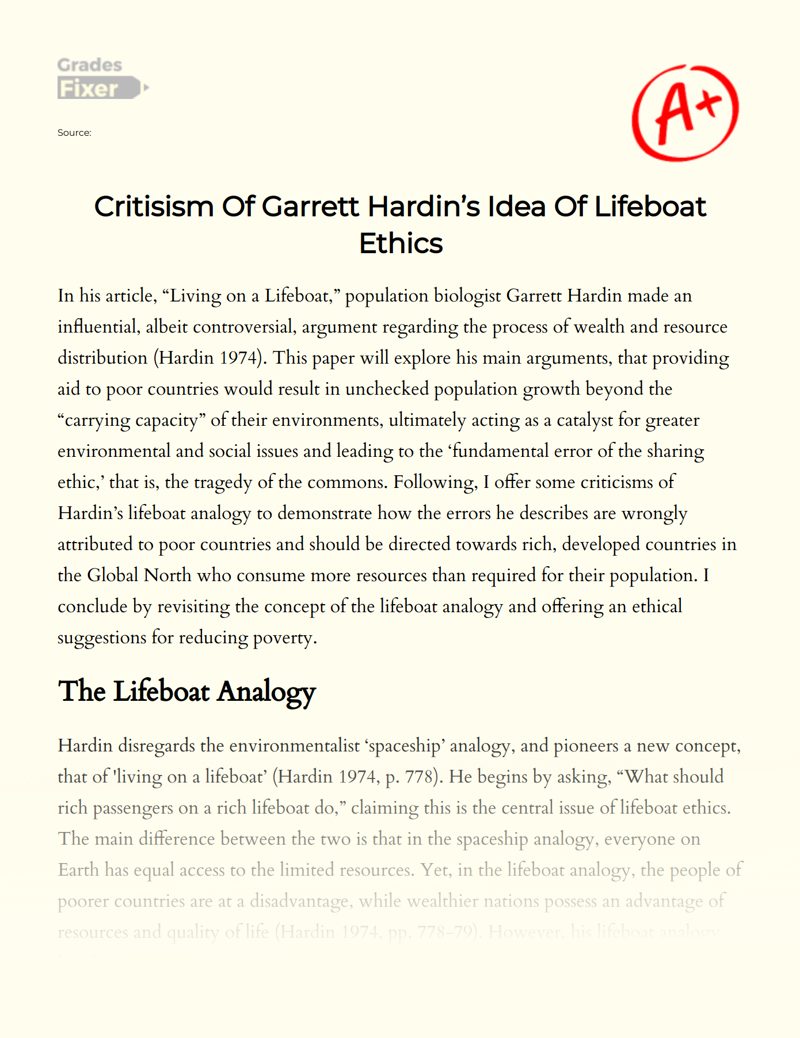 Critisism of Garrett Hardin’s Idea of Lifeboat Ethics Essay