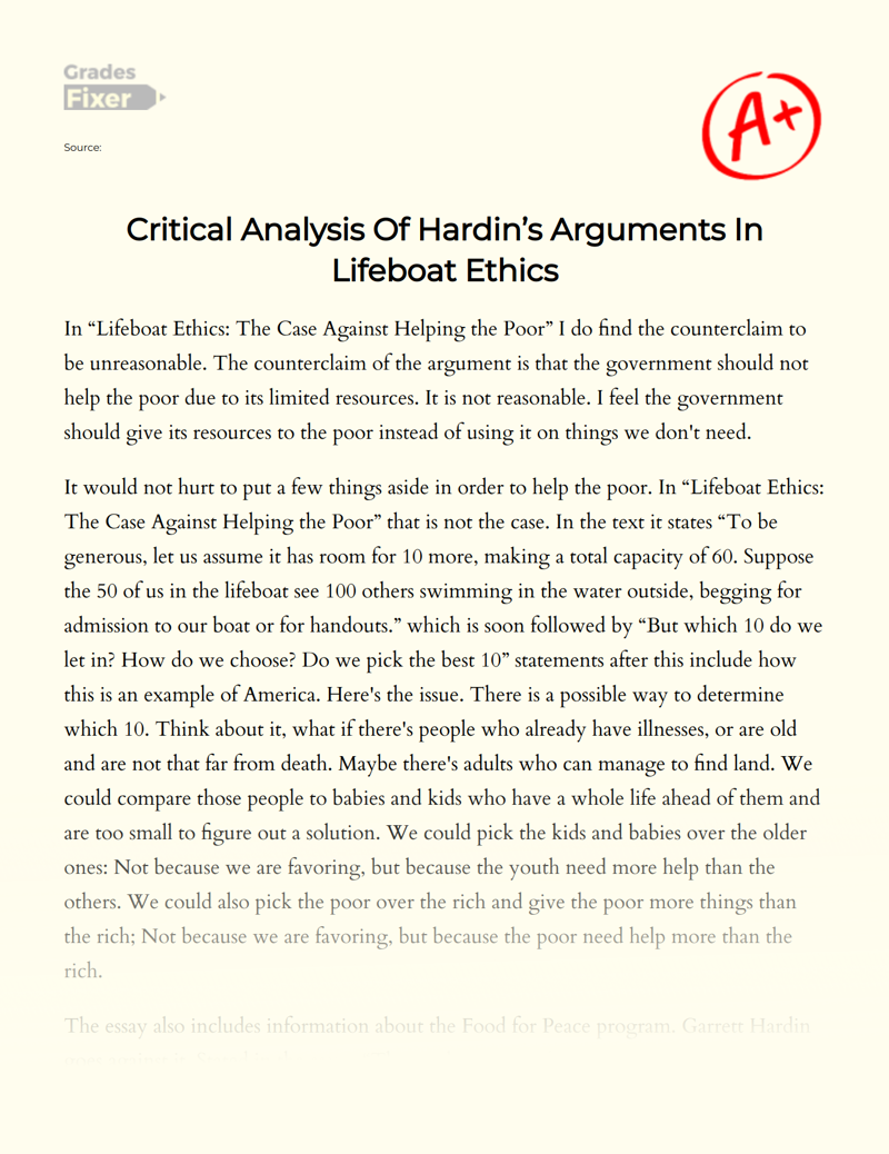 Critical Analysis of Hardin’s Arguments in Lifeboat Ethics Essay