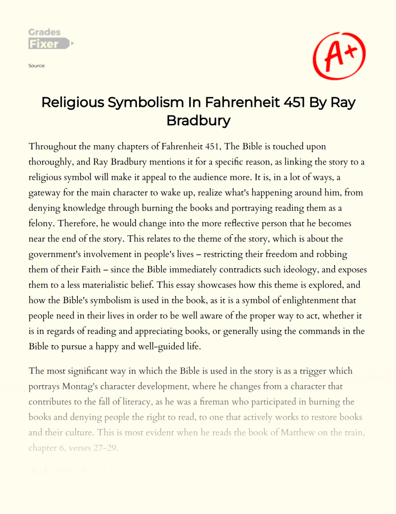Religious Symbolism in Fahrenheit 451 by Ray Bradbury Essay