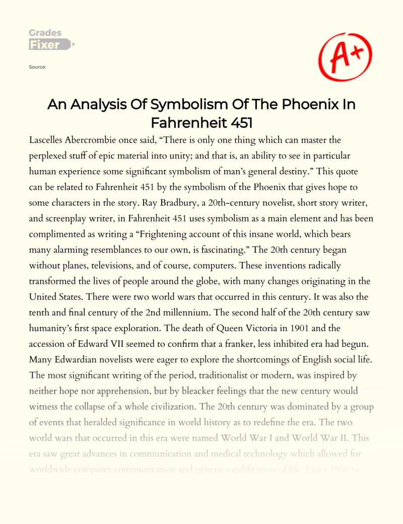 An Analysis of Symbolism of The Phoenix in Fahrenheit 451 Essay