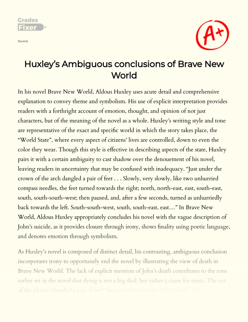 Huxley’s Ambiguous Conclusions of Brave New World Essay