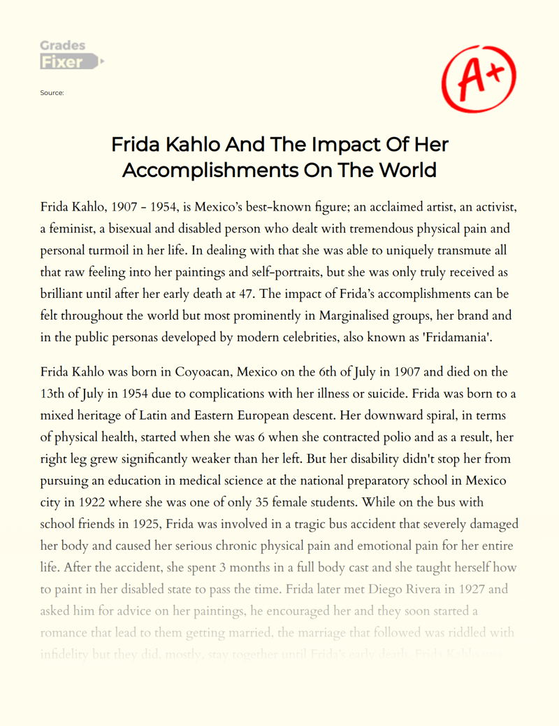 Frida Kahlo and The Impact of Her Accomplishments on The World Essay