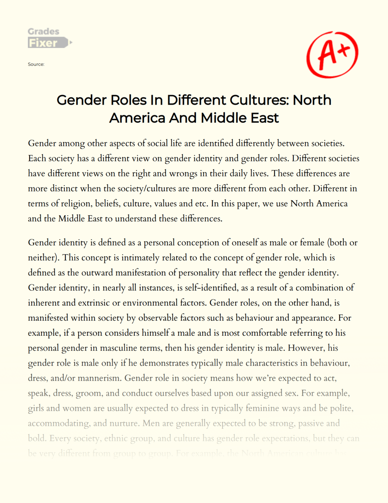Gender Roles in Different Cultures: North America and Middle East Essay