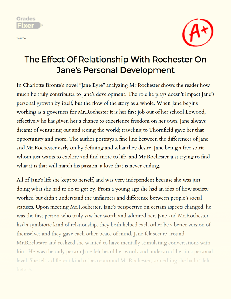 The Effect of Relationship with Rochester on Jane’s Personal Development Essay