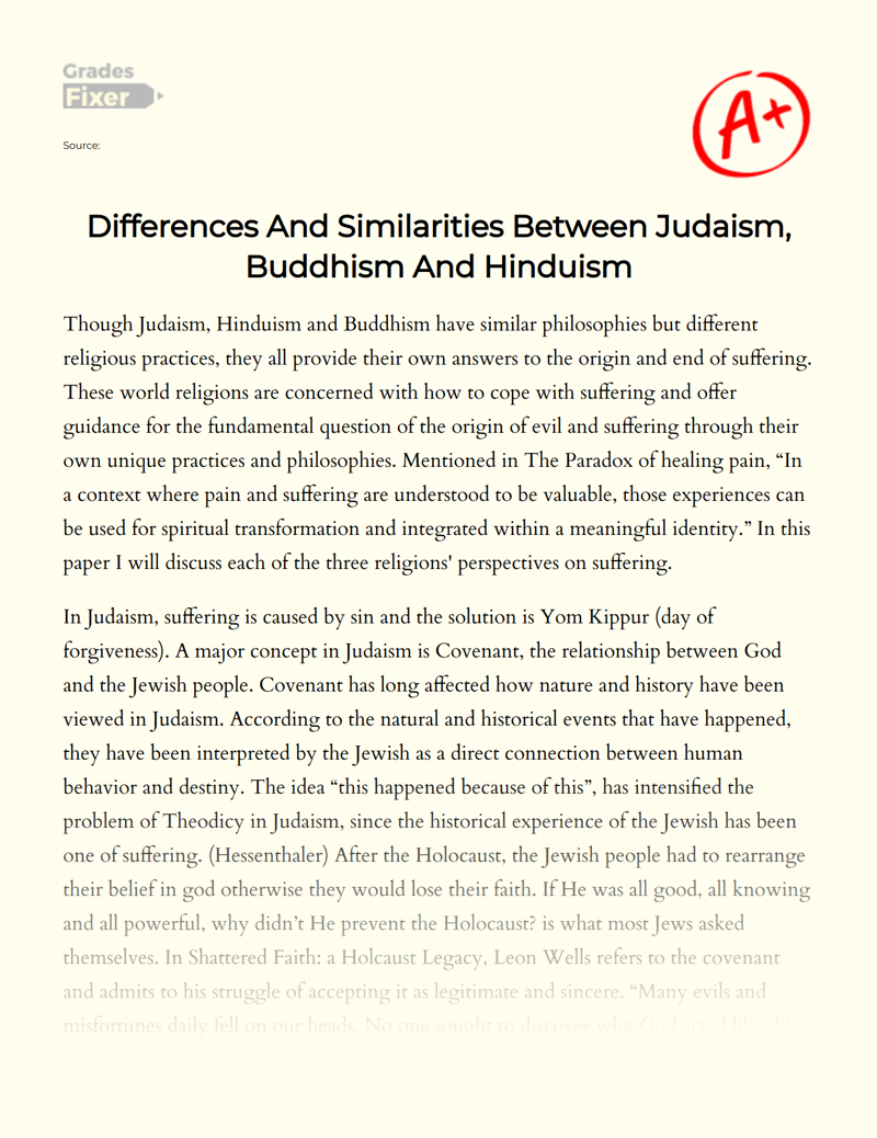 Differences and Similarities Between Judaism, Buddhism and Hinduism Essay