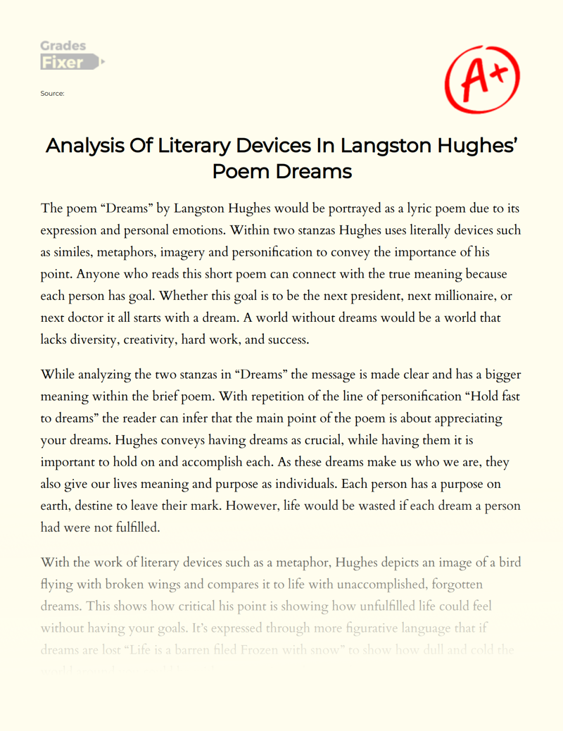 Analysis of Literary Devices in Langston Hughes’ Poem Dreams Essay