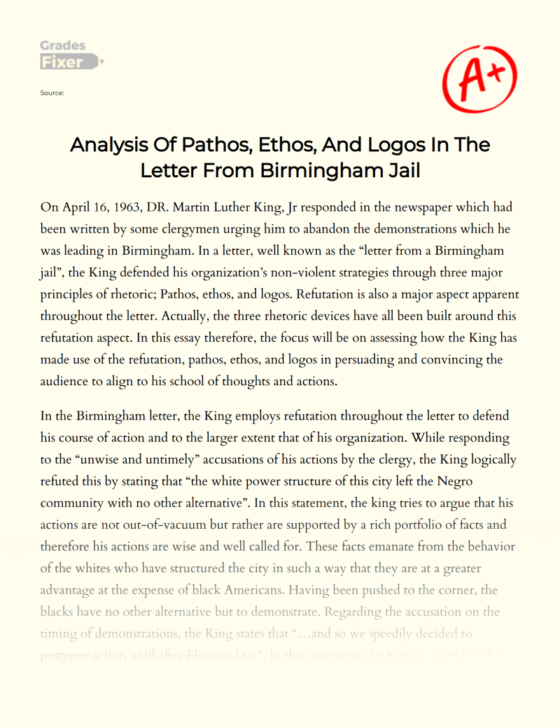Analysis of Pathos, Ethos, and Logos in The Letter from Birmingham Jail Essay