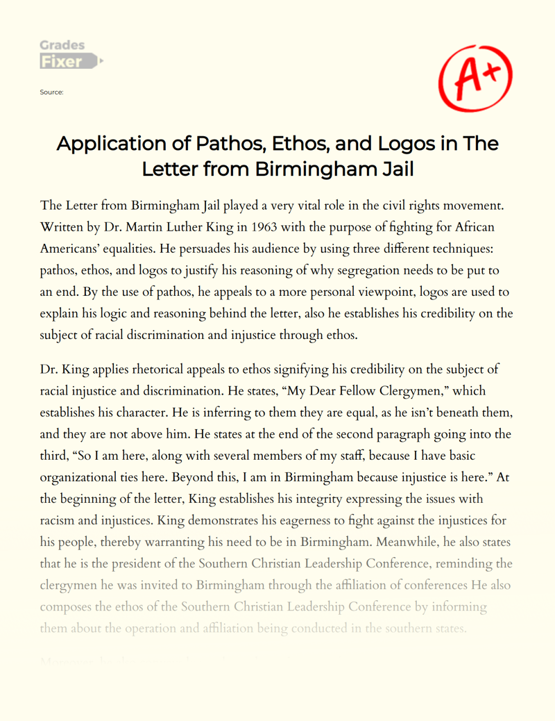 Application of Pathos, Ethos, and Logos in The Letter from Birmingham Jail Essay
