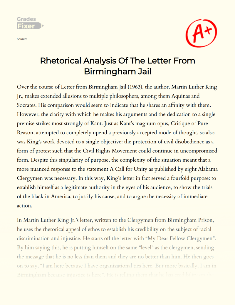 Rhetorical Analysis of The Letter from Birmingham Jail Essay