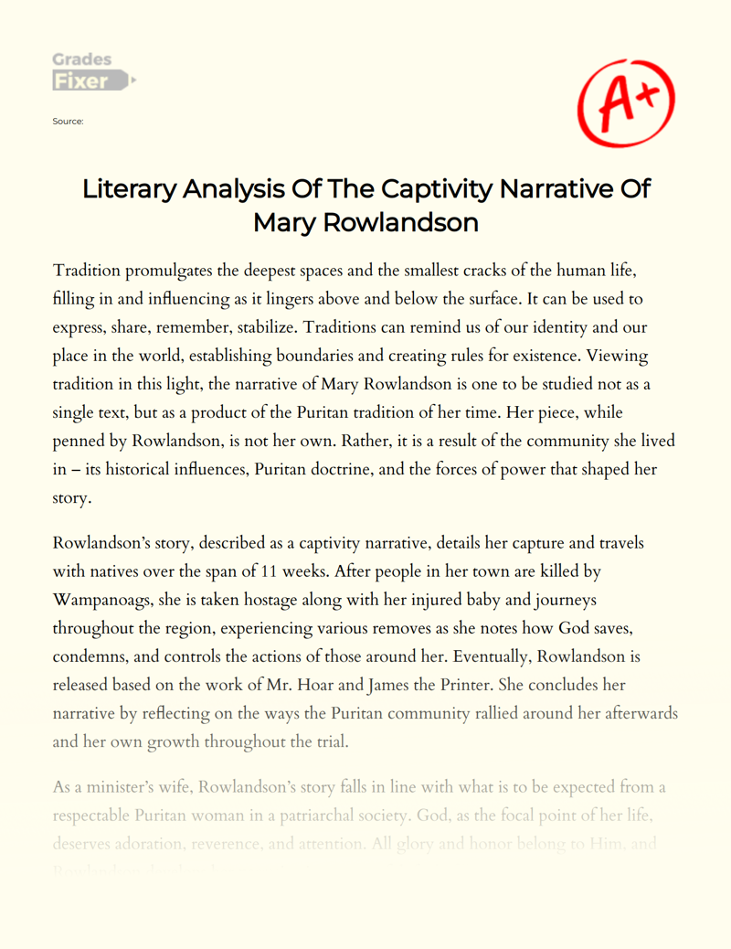 Literary Analysis of The Captivity Narrative of Mary Rowlandson Essay