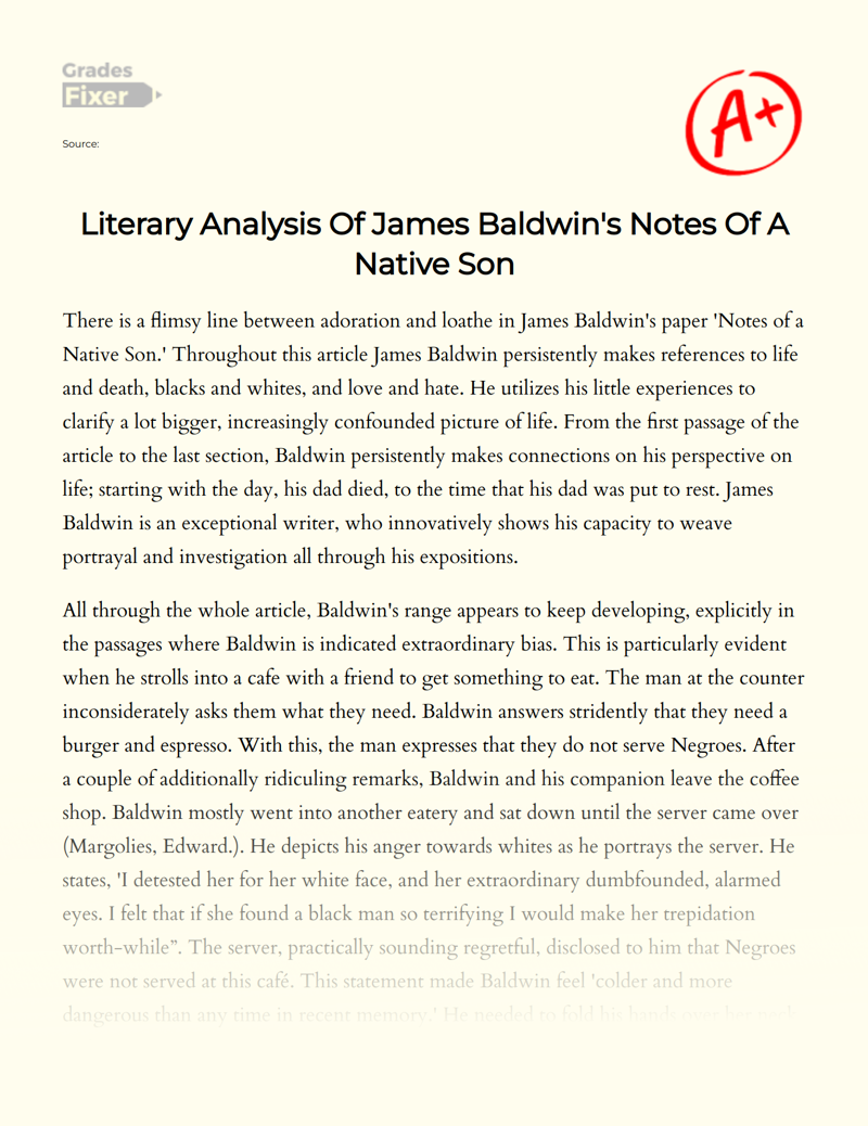 Literary Analysis of James Baldwin's Notes of a Native Son Essay