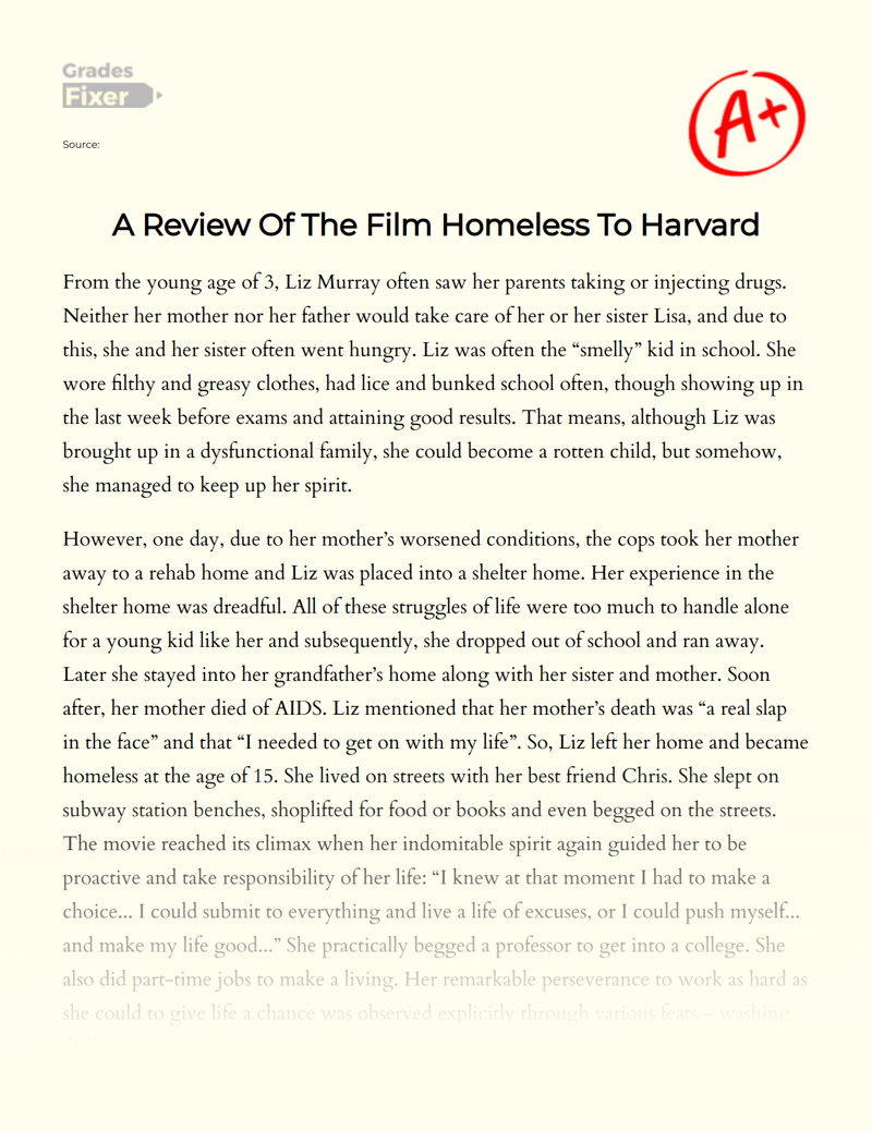 A Review of The Film Homeless to Harvard Essay
