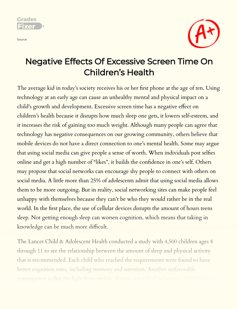 Negative Effects of Excessive Screen Time on Children’s Health Essay