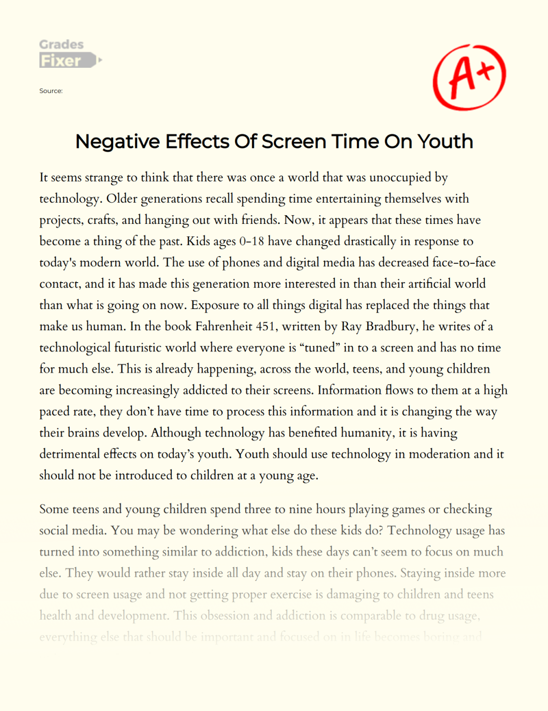 Negative Effects of Screen Time on Youth Essay