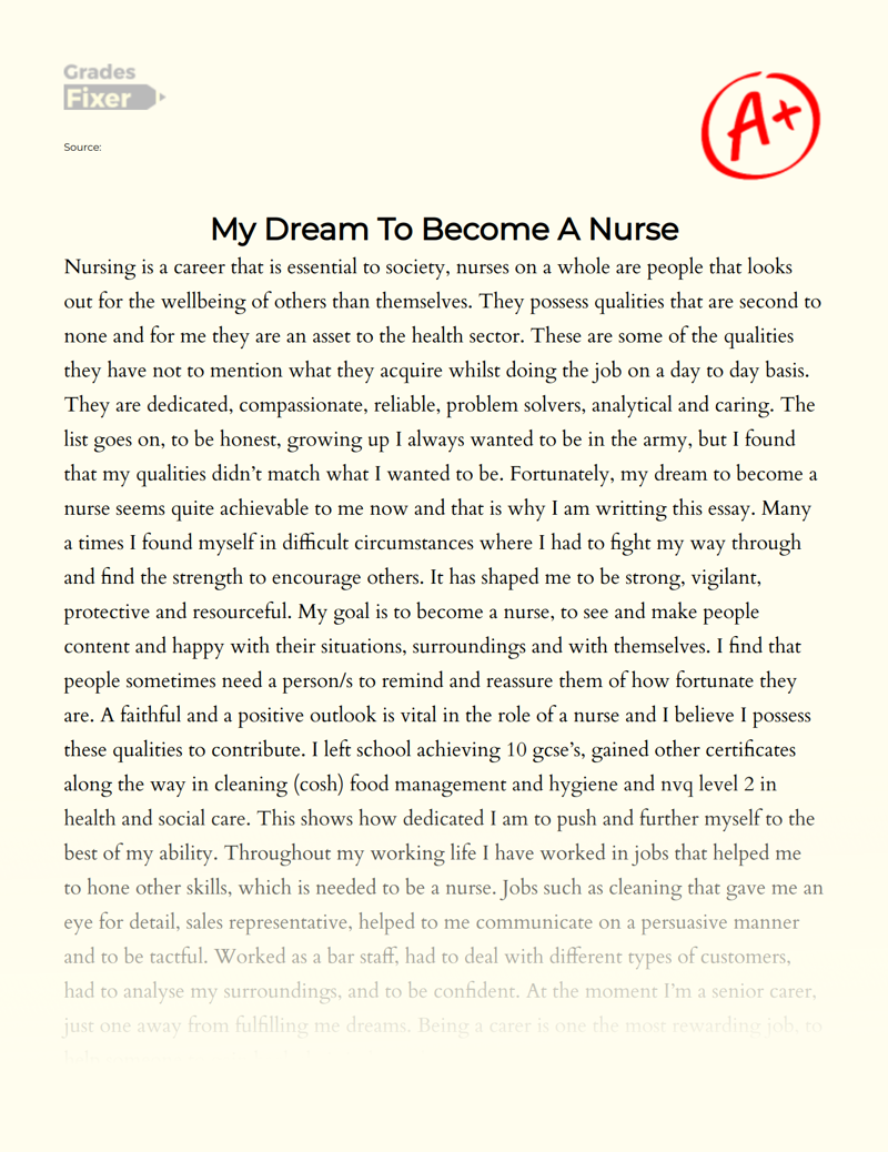 Career Choice: My Dream to Become a Nurse Essay