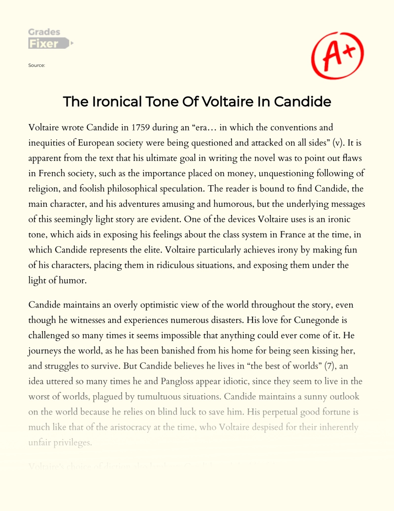 The Ironical Tone of Voltaire in Candide Essay