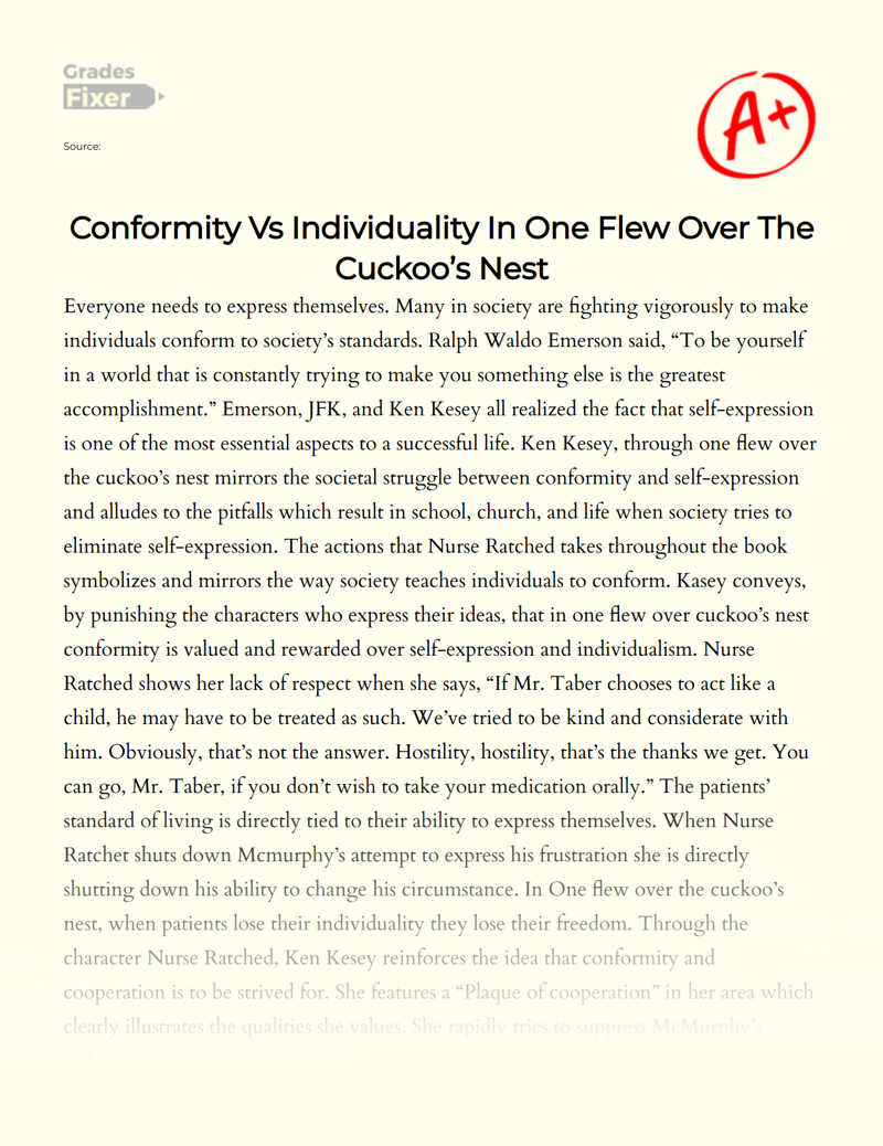 Conformity Vs Individuality in One Flew Over The Cuckoo’s Nest Essay