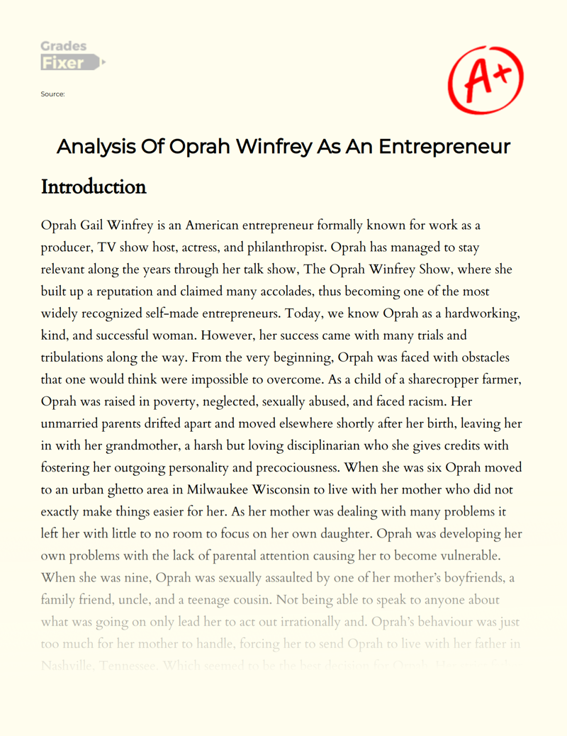 Analysis of Oprah Winfrey as an Entrepreneur Essay