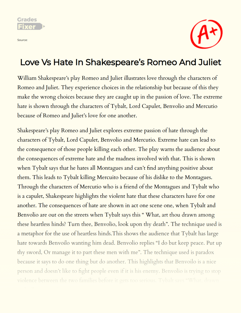 Love Vs Hate in Shakespeare’s Romeo and Juliet Essay