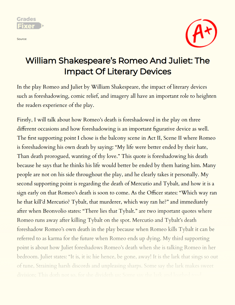 William Shakespeare’s Romeo and Juliet: The Impact of Literary Devices Essay