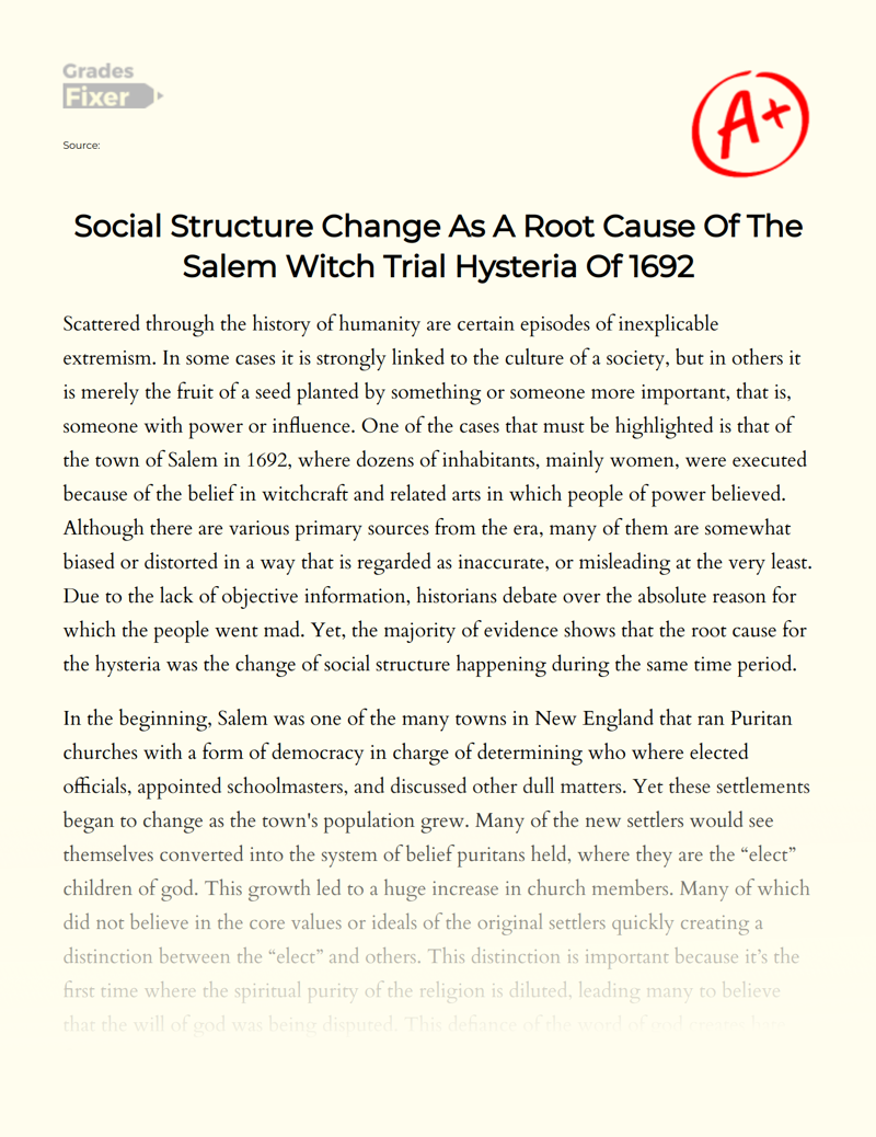 Social Structure Change as a Root Cause of The Salem Witch Trial Hysteria of 1692 Essay