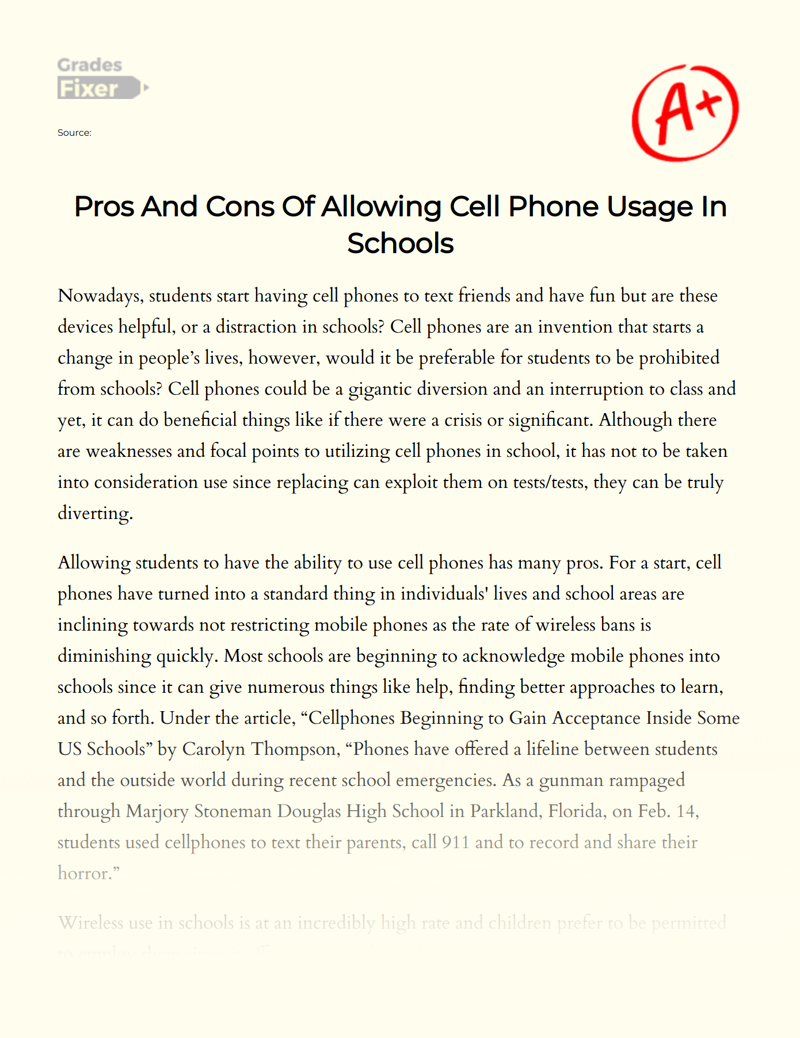 Pros and Cons of Allowing Cell Phone Usage in Schools Essay
