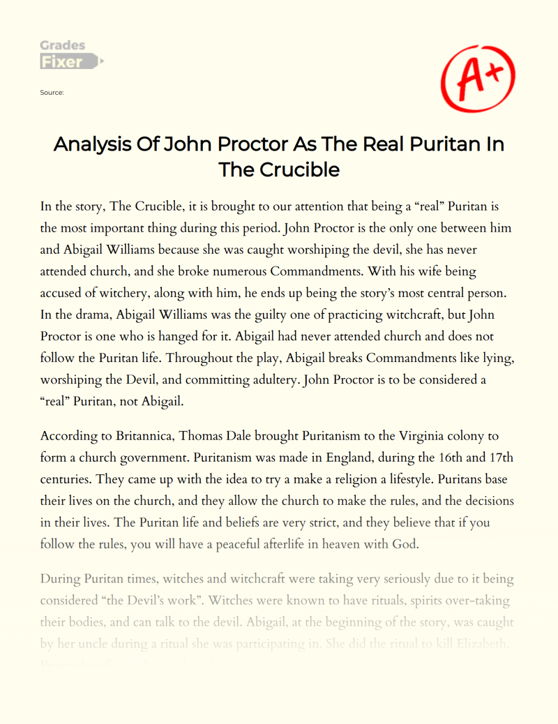 Analysis of John Proctor as The Real Puritan in The Crucible Essay