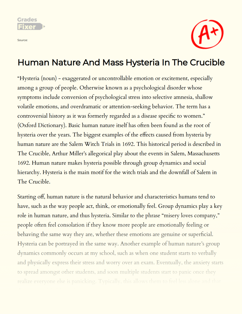 Human Nature and Mass Hysteria in The Crucible Essay