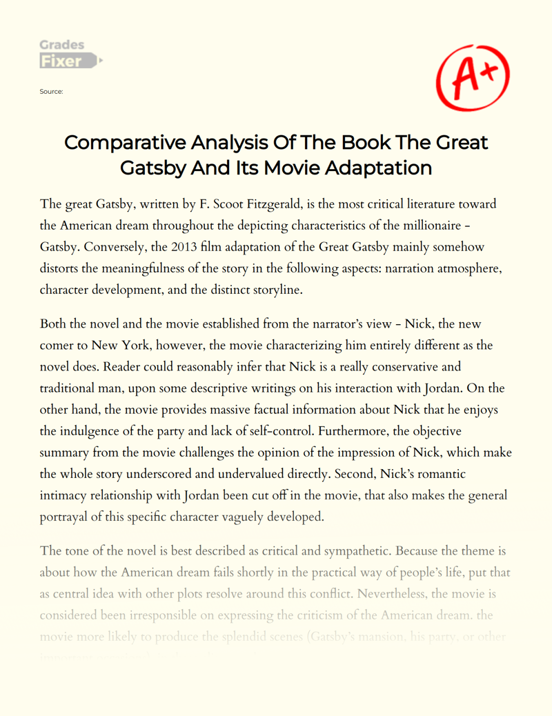 Comparative Analysis of The Book "The Great Gatsby" and Its Movie Adaptation Essay