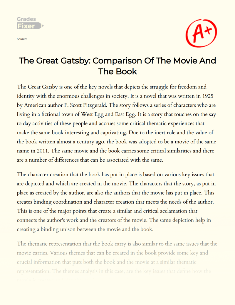 "The Great Gatsby": Comparison of The Movie and The Book Essay