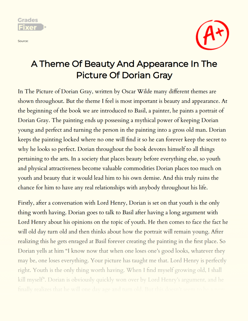 A Theme of Beauty and Appearance in The Picture of Dorian Gray Essay
