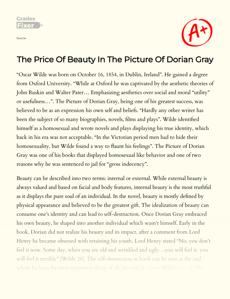 The Price of Beauty in The Picture of Dorian Gray Essay
