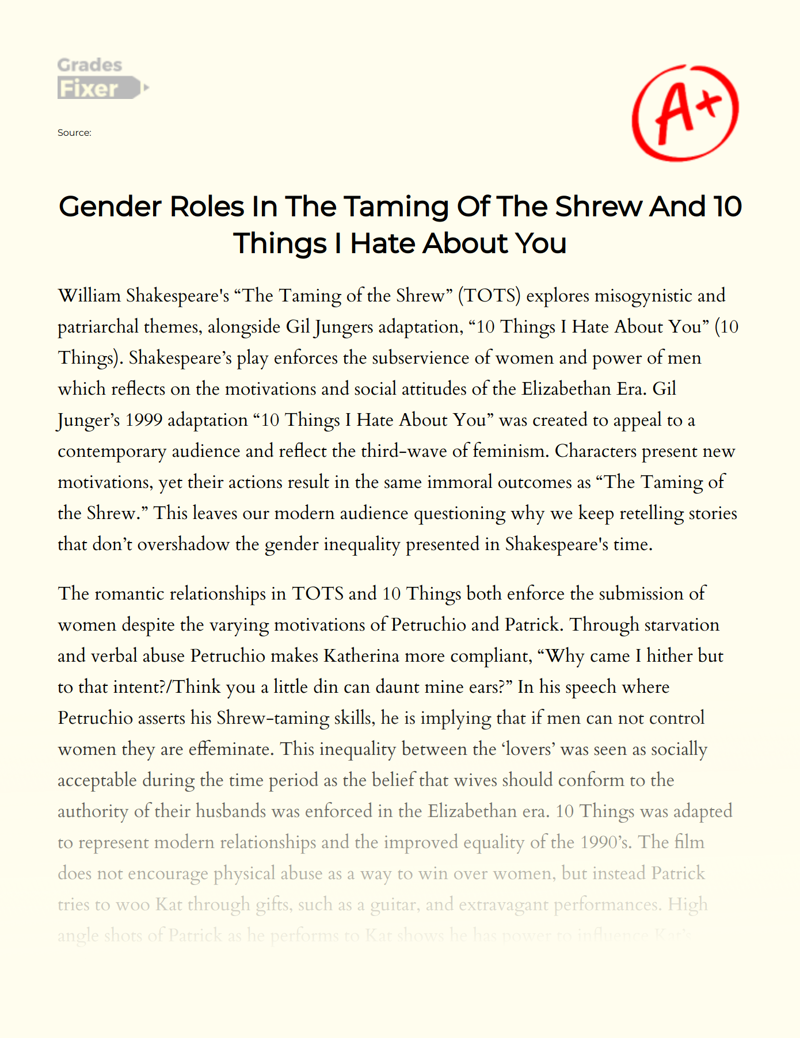 Gender Roles in The Taming of The Shrew and 10 Things I Hate About You Essay