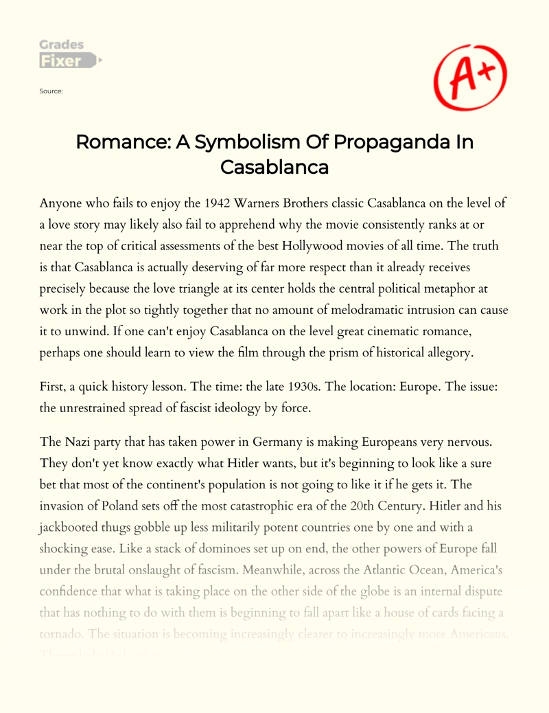 Romance: a Symbolism of Propaganda in Casablanca Essay